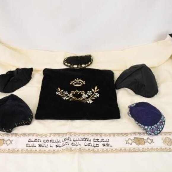 7pc WORSHIP Gown Hat KITTEL & YARMULKE Set Gartel kappel Cloth Cap Prayer - Picture 1 of 3